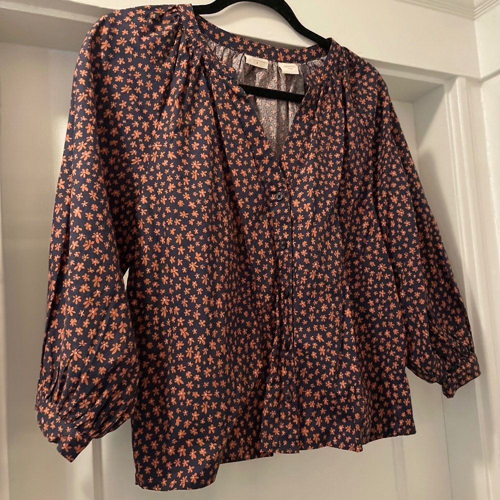 Levi’s Lainey 3/4 Balloon-Sleeve, Cotton, Blouse - Navy and Burnt Sienna Pattern